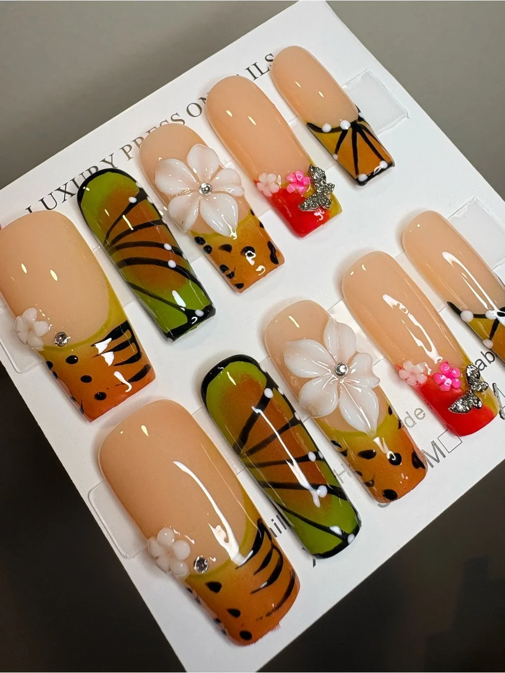 Handmade Floral Butterfly Press-On Nails in Nude, Green & Orange